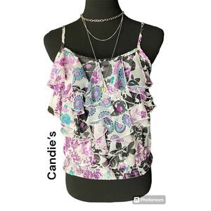 Candie’s SZ S Colorful Floral Print Spaghetti Strap Ruffled Blouse